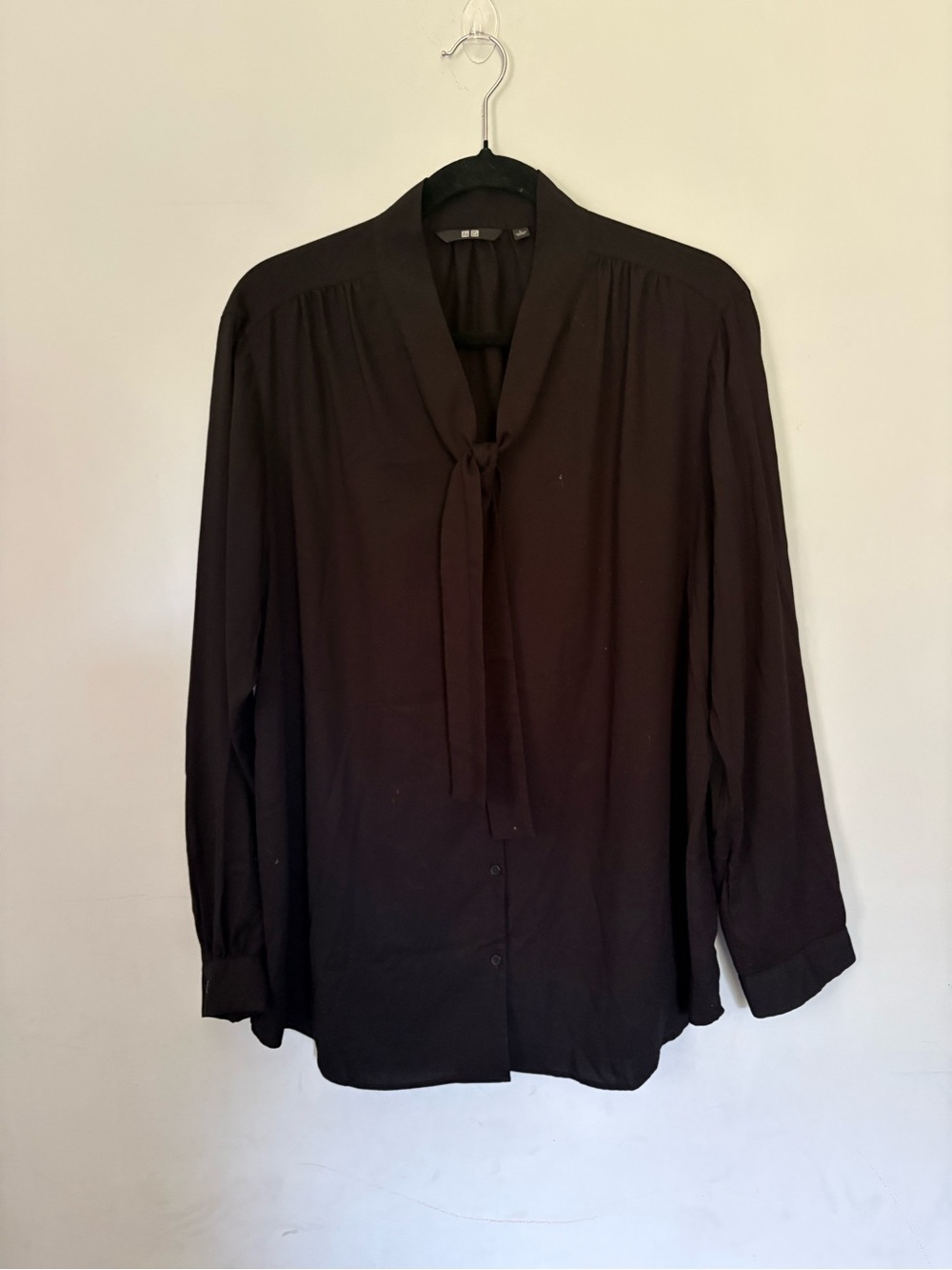 Uniqlo Black Bow Neck Blouse | Tie Neck Long Sleeve Career Top | Sz Large